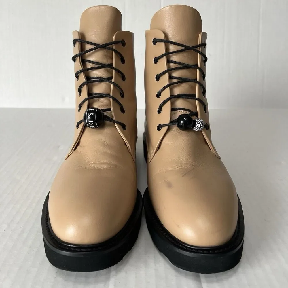 DEAR FRANCES Park Boot Womens 9.5 Camel Tan Leather Lace Up Ankle Combat Beaded